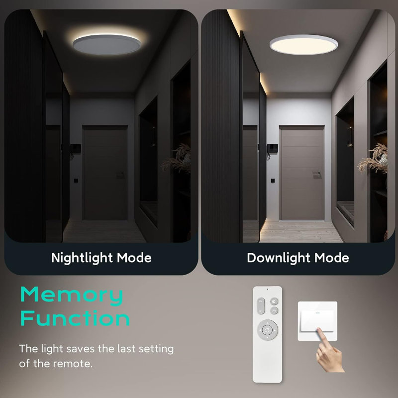 Plafonnier encastré avec veilleuse, luminaire de 36 W avec télécommande, CCT complet et luminosité réglable, plafonnier à DEL de 18 pouces pour la cuisine, le bureau et la chambre d'enfant