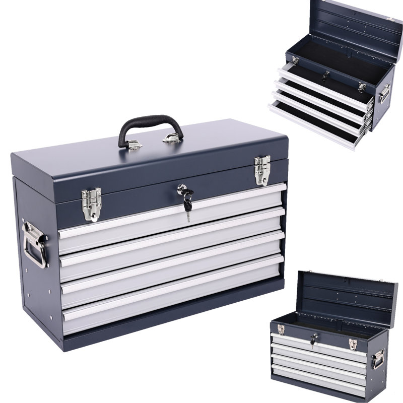 Coffre à outils portatif en métal de 21 pouces avec 4 tiroirs, système de glissières à roulement et surface thermolaquée pour une longue durée de vie