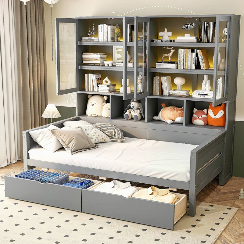 Lit de jour simple en bois avec armoires de rangement à porte vitrée, éclairage à DEL intégré et tablettes, Gris