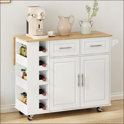 Chariot pour îlot de cuisine avec 2 armoires, 2 tiroirs et Plateau pliable | Support à épices, support à vin | Blanc neige | Bois aggloméré + bois d'hévéa