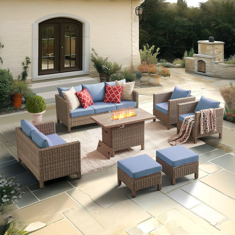 9 - Person Outdoor Wicker Patio Conversation Furniture Set With Fire Pit Table, Blue