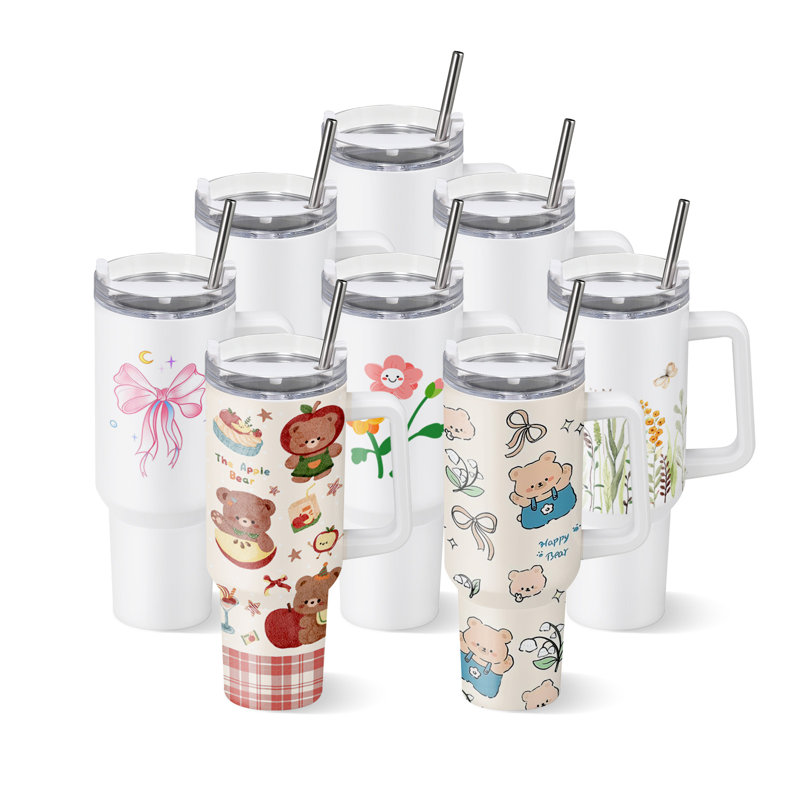Gobelets de sublimation, gobelets de 40 oz en vrac avec poignée, gobelets de sublimation en acier inoxydable avec couvercles et pailles, gobelet à double paroi isolé pour une personnalisation personnalisée