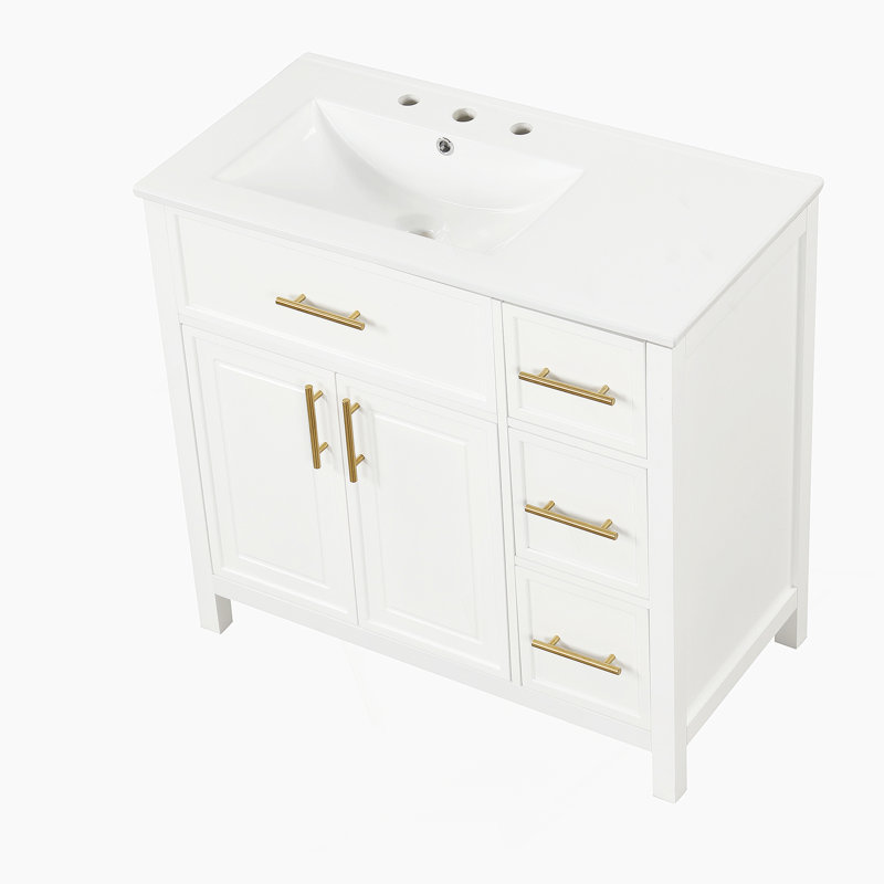 Meuble-lavabo de salle de bain avec comptoir, meuble-lavabo avec deux portes et trois tiroirs, bois massif