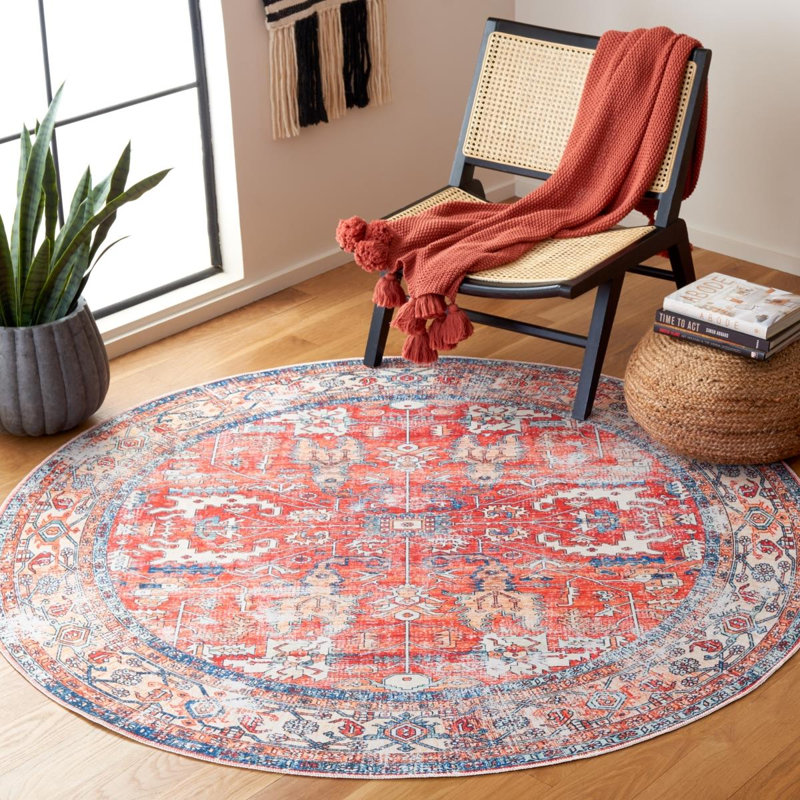 Arizona Dynasty Machine Washable Area Non-Slip Rug In Red & Blue, Round 183cm