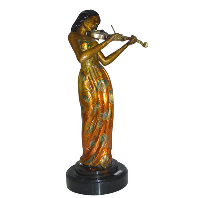 Biyanka Girl Playing the violin Bronze Statue -  Size: 10"L x 7"W x 19"H.