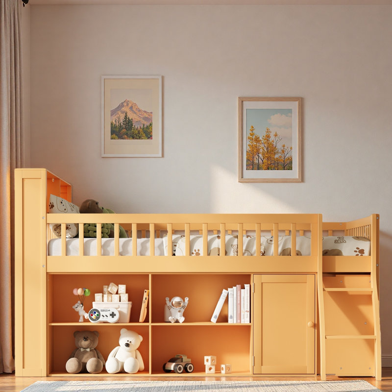Space-saving Loft Bed With Storage Shelves, Headboard With Led Light, Natural, Queen