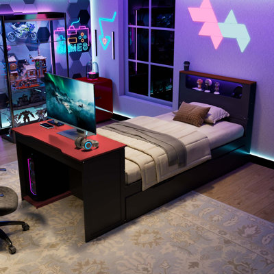 Twin Size Wood Daybed With Twin Size Trundle,Desk,LED Light And USB,Black+Red