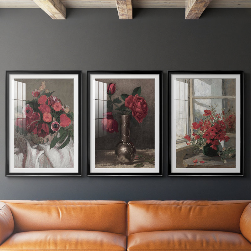 Imprimé floral rétro CCLXII - impression encadrée sur mesure de qualité supérieure - 3 pièces, H 27 po x l 39 po, Noir