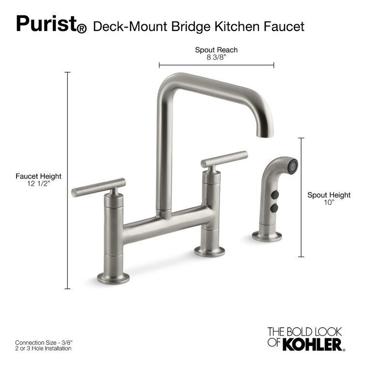 K-7548-4-BL,SN,CP Kohler Purist® Two Handle Deck-Mounted Bridge Kitchen  Sink Faucet with Pull Out Side Sprayer & Reviews
