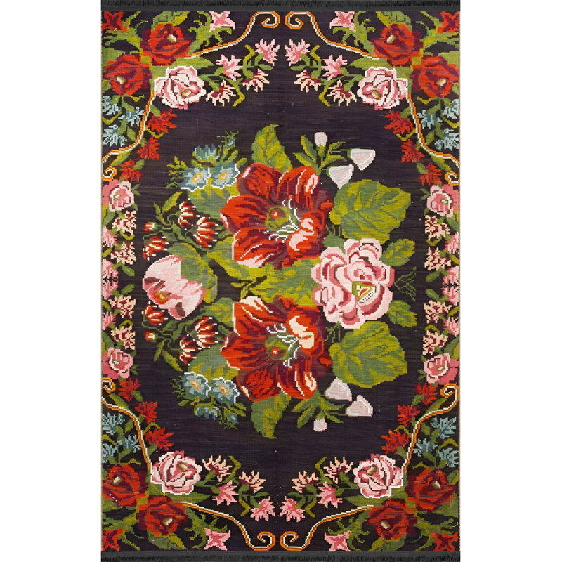 Tapis multicolore à motif floral rose moyen lavable à la machine, Tapis de couloir 3 pi 3 po x 6 pi 7 po