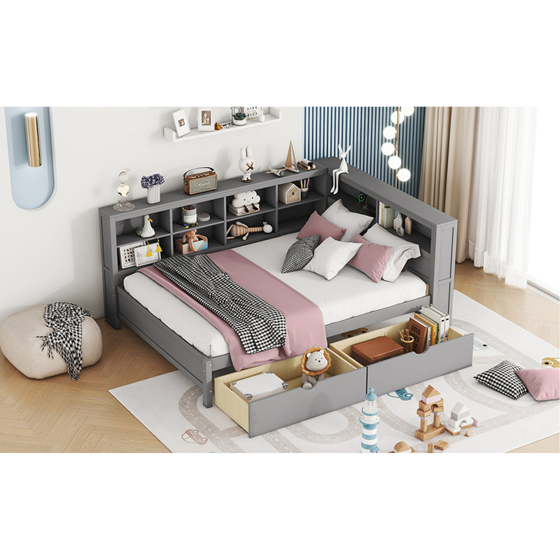 Lit de jour gris avec 2 commodes, 2 tiroirs de rangement et une caisse