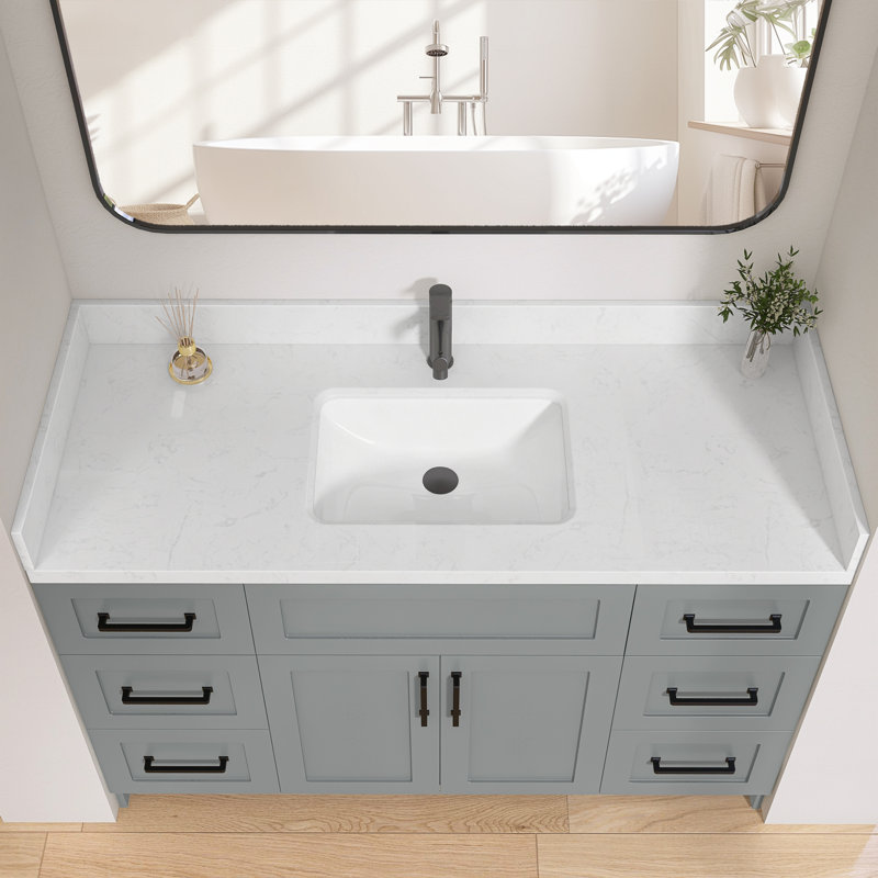 48 po Dosseret de meuble-lavabo en pierre d'ingénierie 4 po Éclaboussure de meuble-lavabo blanc Carrara