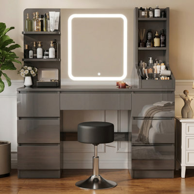 110Cm Desktop Grey Dressing Table 3 Colorful Light Makeup Vanity Table With Stool