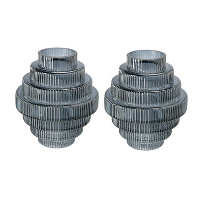 Multi-Tiered Geometric Glass Vase Set With Smoked Blue Finish, Stylish Decorative Accent For Modern Interiors.