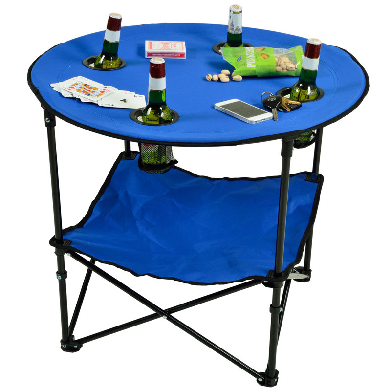 28" Blue Steel Round Folding Portable Beach Table with Cupholders