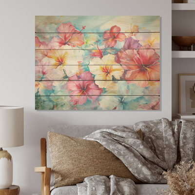Hibiscus Bliss Flower Blooms I - champ de fleurs, art mural sur bois de pin naturel