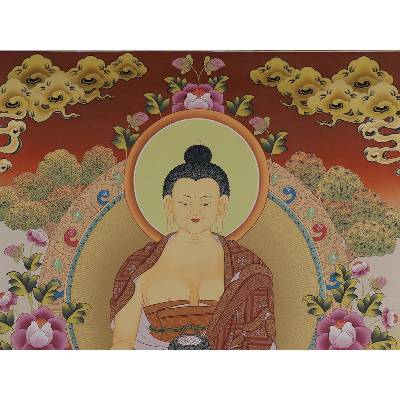Art mural de Bouddha Shakyamuni - peinture traditionnelle du Thangka tibétain avec des accents en or 24 carats, grande pièce de méditation décorative faite à la main H 38 po x l 28 po