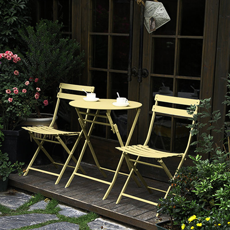 Ensemble bistro de patio 3 pièces, jaune - Chaises et table en métal pliables pour le bord de la piscine et l'extérieur