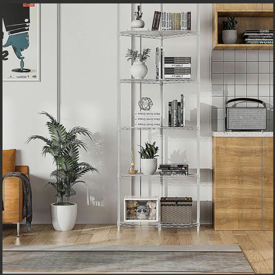 Étagère de coin en métal à 6 niveaux Tablettes pentagonales Étagères de rangement en métal réglables et robustes pour la salle de bain, le salon et la cuisine