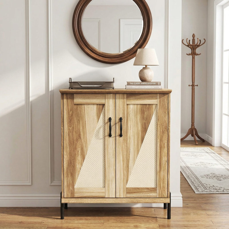 Rustic 5 Tier Farmhouse Wooden Shoe Cabinet With Woven Rattan Doors For Entryway Hallway Closet Organization Use
