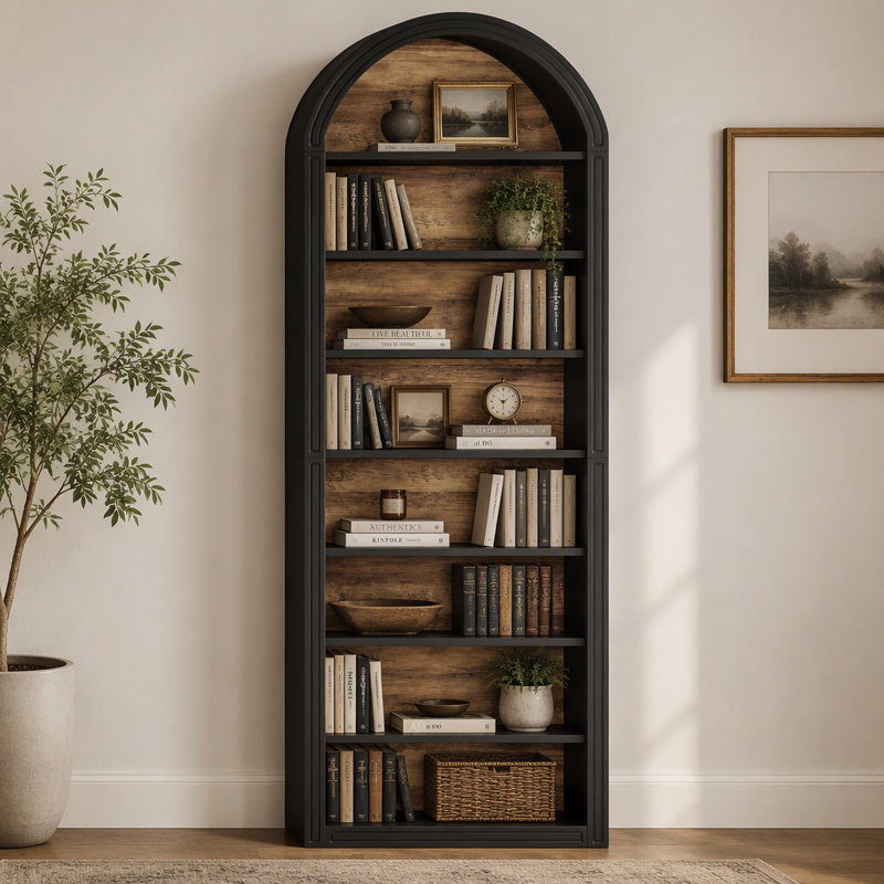 Bibliothèque à 8 niveaux, bibliothèque en bois arquée, 8-Tier, Noir