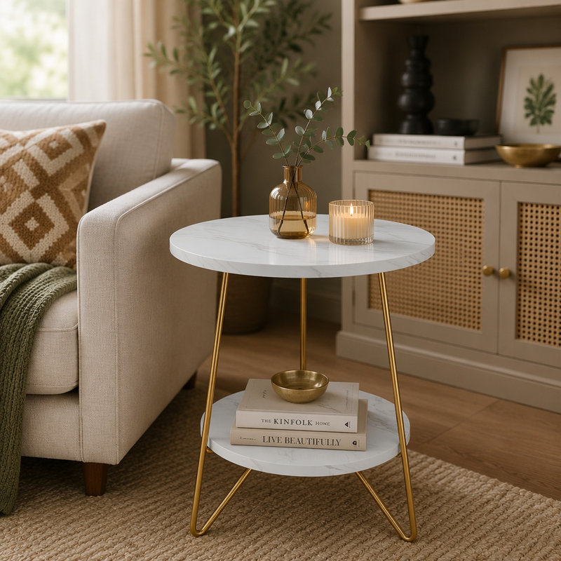 Faux Marble End Table, 2-Tier Round Sofa Bedside Table with Shelves