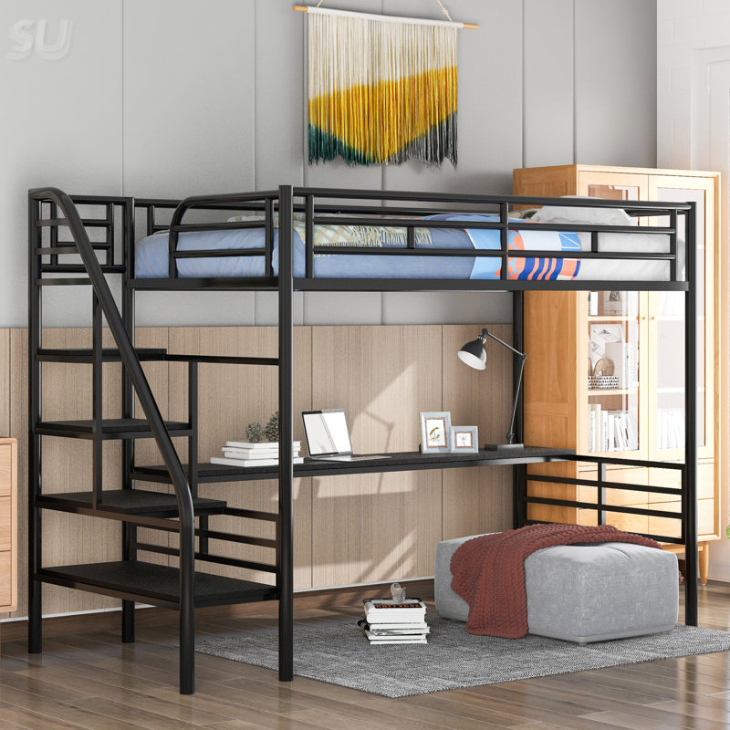 Structure de lit mezzanine en métal avec bureau, aucun sommier nécessaire, simple