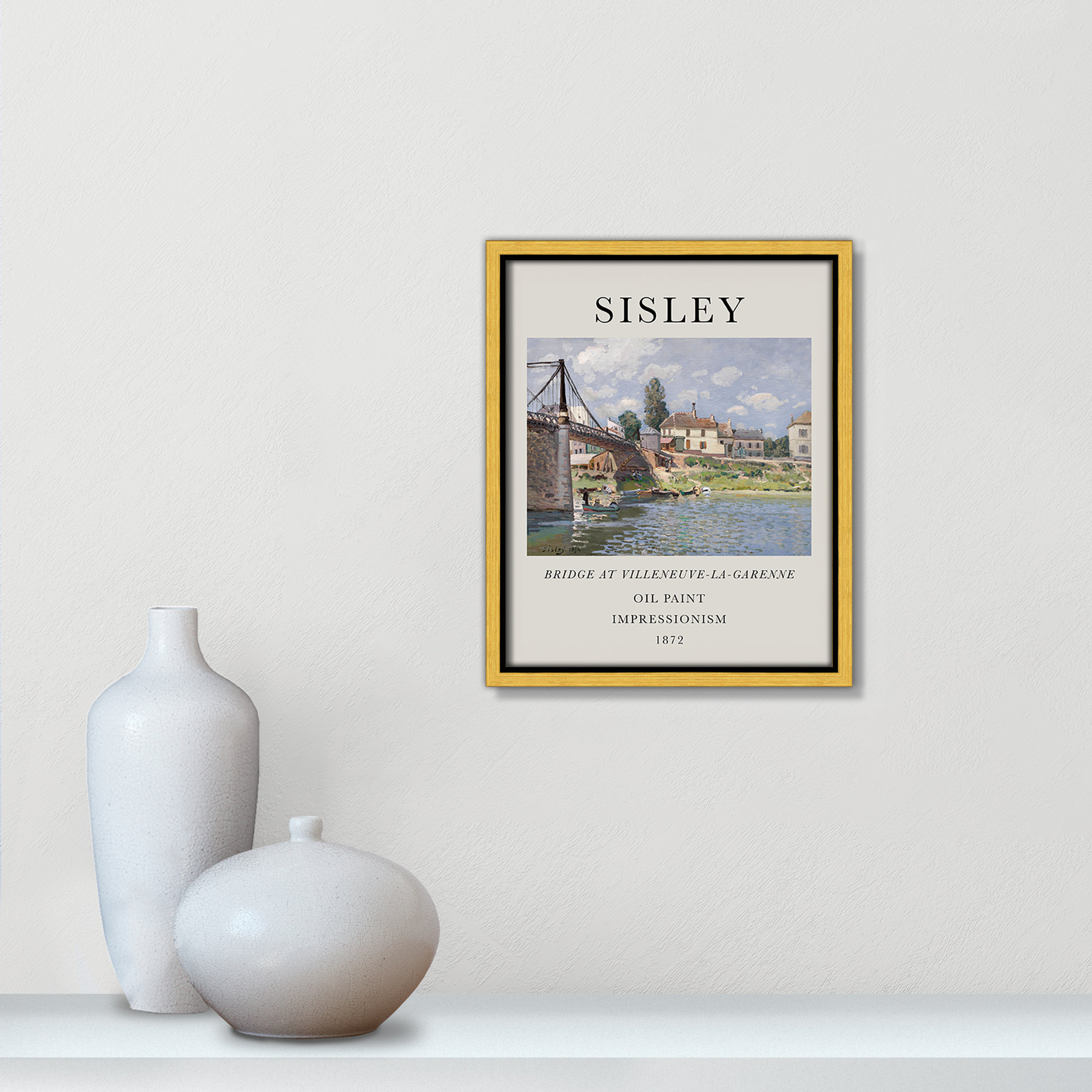 Old Masters Collection " The Bridge At Villeneuve " by Alfred Sisley, Gold Floater Frame, 11.5" H x 9.5" W x 2" D, No
