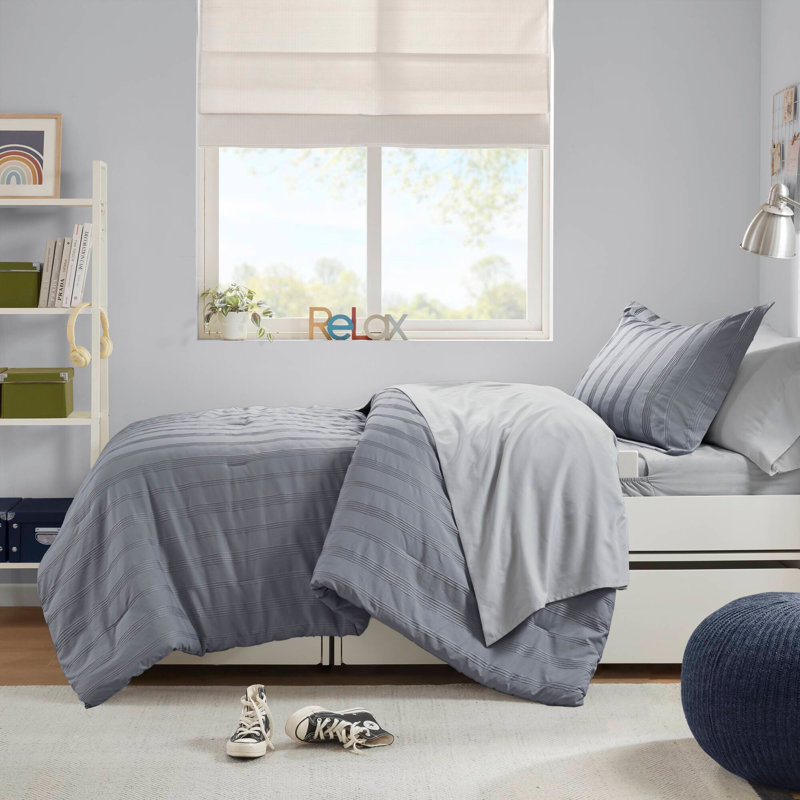 5-Piece Woven Striped Comforter Set, Soft And Stylish For Modern Minimalist Bedrooms, Gray
