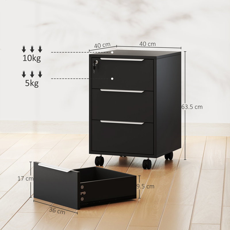 HOMCOM 3-Drawer Lockable Filing Cabinet for Home Office, Black/Black