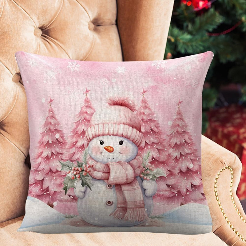 Housse de coussin rose bonhomme de neige pour canapé-lit, housse de coussin Snow Baby Xmas Tree