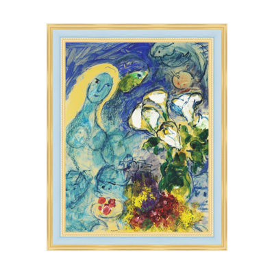 Framed Canvas Wall Art The Vase and the Woman by Marc Chagall Giclee Print Dreamlike Romantic Surrealism Painting Modern Home Decor(Light Blue with Gold,22"x28")