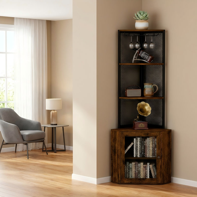 Rustic Brown 65’’ 6-Tier Corner Storage Cabinet with Charging Station and Wine Glass Rack