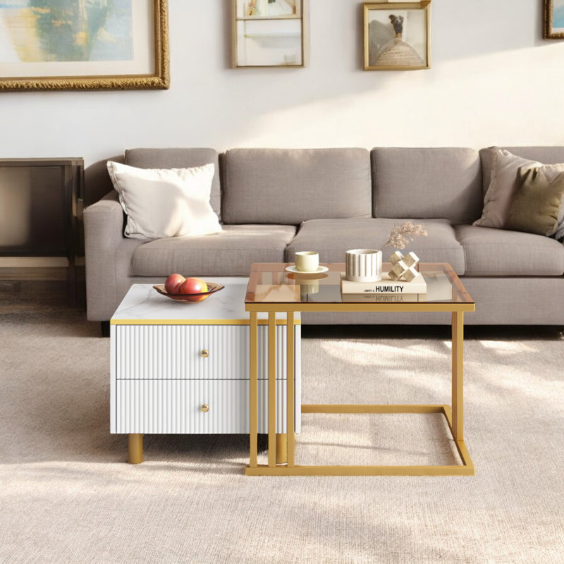 Gold And White Coffee Table Set Of 2, With Marble Pattern Coffee Table With Drawer Metal Frame Square End Table