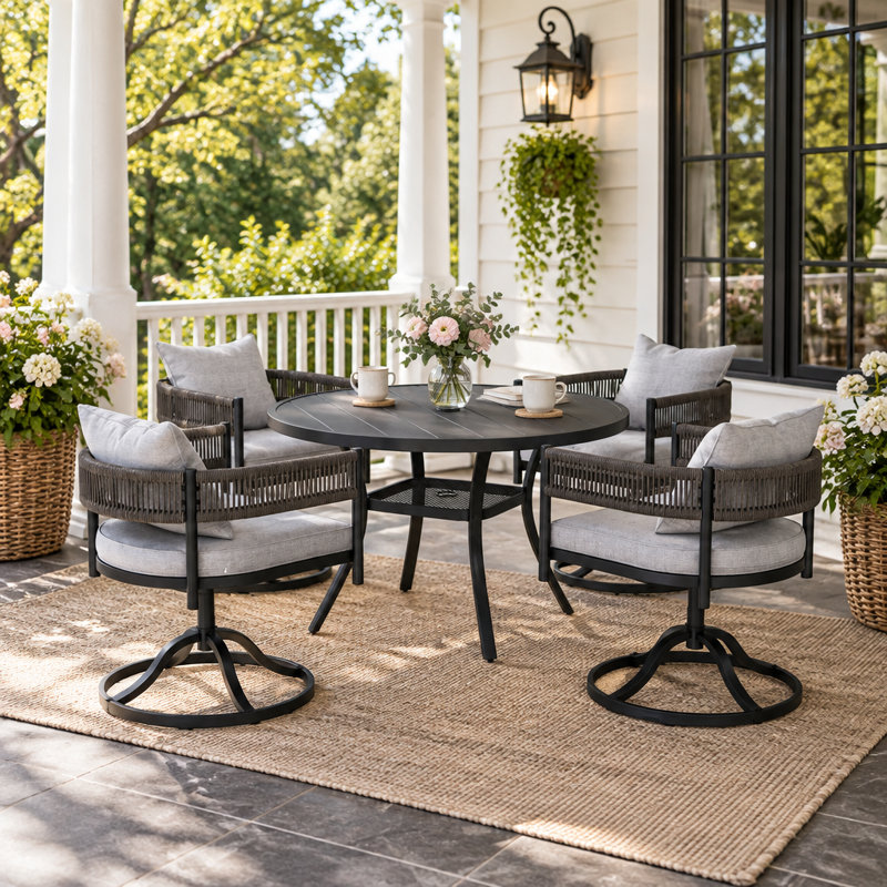 Ensemble repas extérieur pour 4 personnes avec chaises pivotantes en osier, Black/Gray