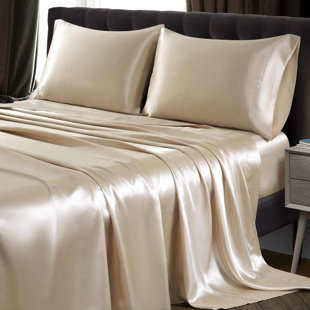 Queen Size 4-Piece Satin Bedding Set, Super Smooth & Soft Beige Satin Bed Linens with Deep Pockets. Package includes 1 fitted sheet, 1 flat sheet and 2 envelope style pillowcases.