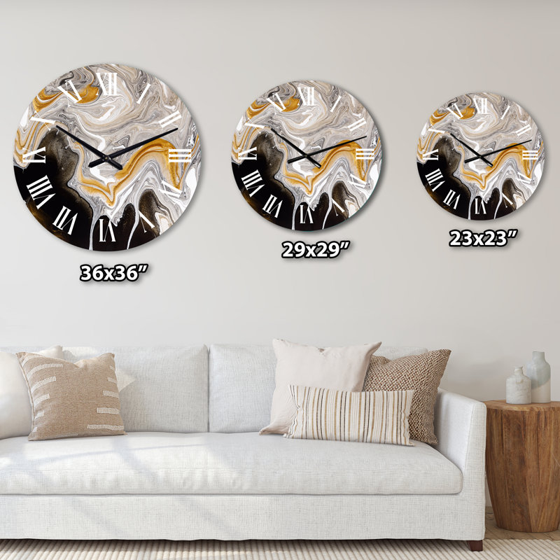 Horloge murale moderne noir et blanc à vagues de marbre liquide IV, Petit