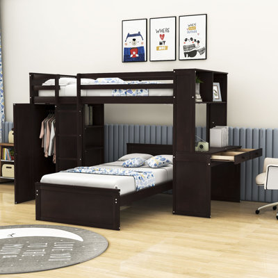 Curt Kids Twin Over Twin 2 Drawers Wood Bunk Bed with Built-in-Desk and Shelves -  Harriet Bee, 516688FB8B81459AB8FA45858A29A121