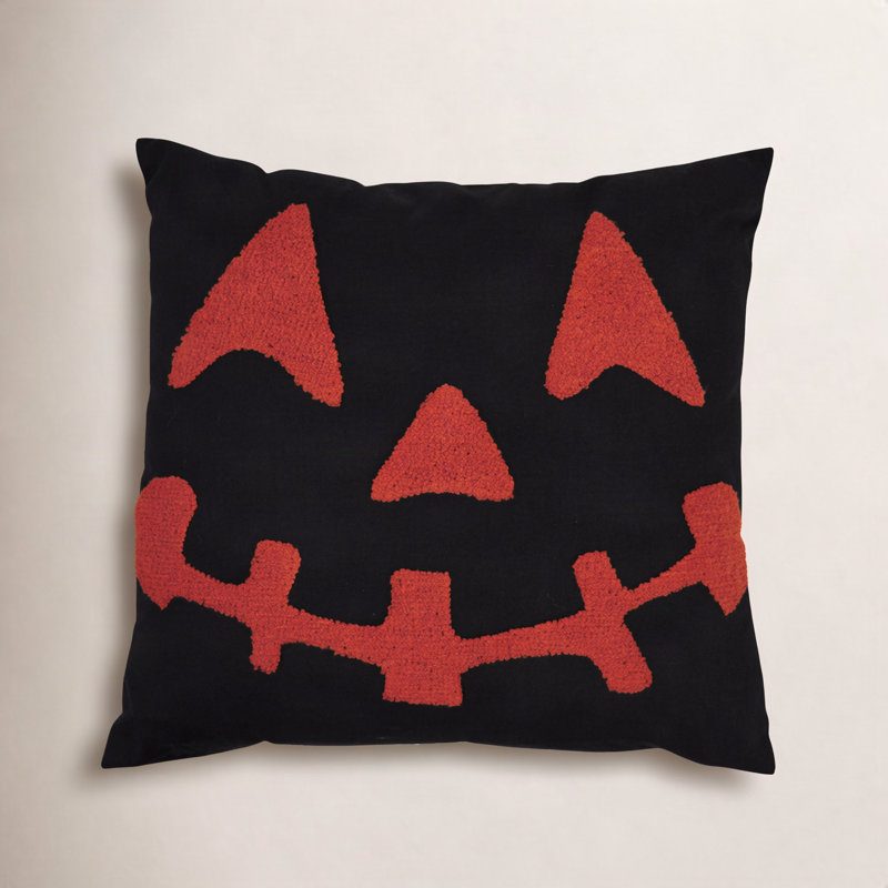 Square Cotton Pillow With Jack-O-Lantern Embroidery