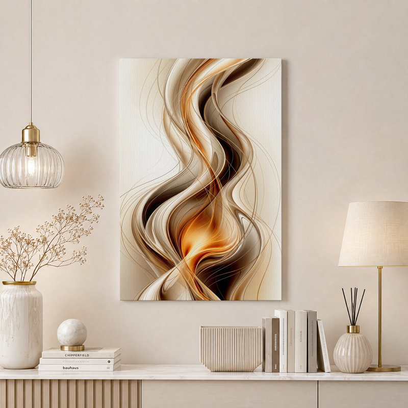 Tableau abstrait sur toile représentant des vagues fluides en bronze et crème, H 48 po x l 32 po