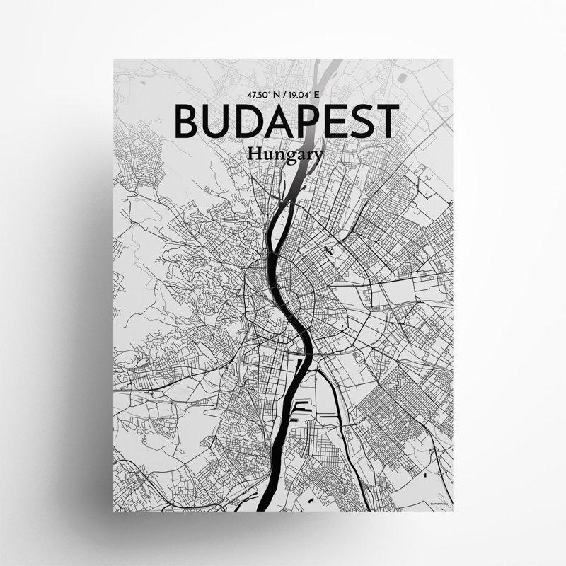 Carte de la ville de Budapest, impression, H 24 po x l 18 po x P 0,05 po, Encre