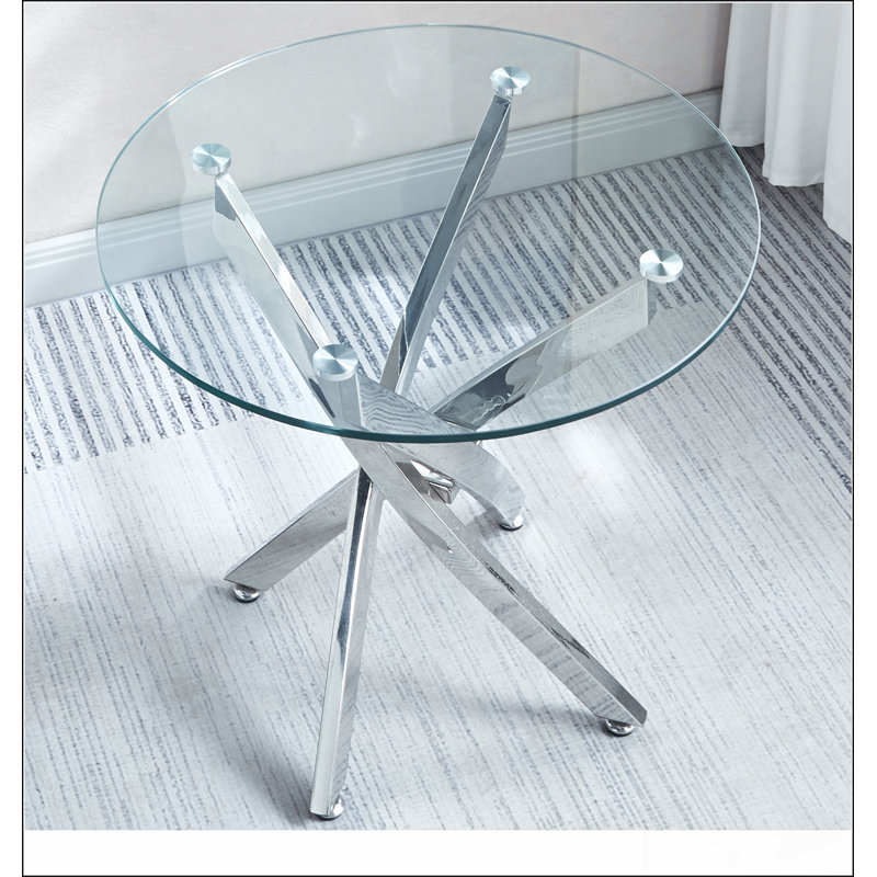 Table de bout moderne en verre trempé avec pieds en acier inoxydable, H 21,85 po x L 23,62 po x l 23,62 po, Argent argent
