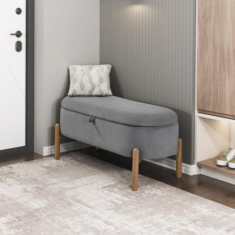 Banc de rangement avec assise rembourrée en velours côtelé gris et pieds en bois massif, Gris