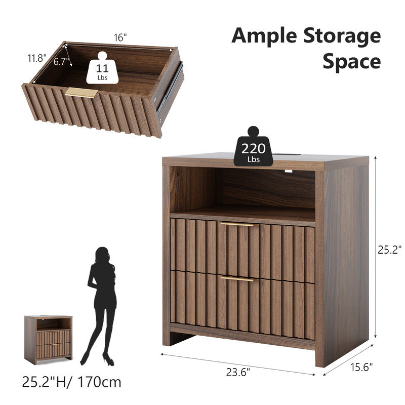 Table de chevet moderne avec 2 tiroirs et compartiment ouvert avec USB, armoire de chevet à cadre en bois pour la chambre à coucher