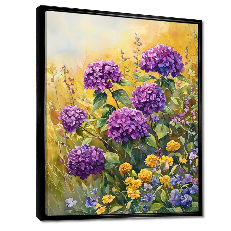 Hortensias dans un champ ensoleillé III - hydrangées, art mural, Noir, Reproduction avec cadre flottant, H 20 po x l 12 po