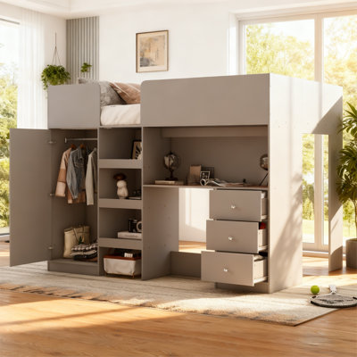 Lit mezzanine double en bois avec garde-robe intégrée, bureau, tablettes de rangement et tiroirs