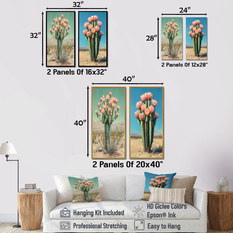 Pastel Cactus Bloom In The Desert I - Collection d'art floral sur toile 2 panneaux, H 40 po x l 41 po, Toile tendue