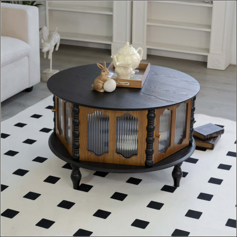 Table basse ronde à trois portes avec rangement, table basse moderne en placage de bois véritable, idéale pour le salon, un appartement ou un bureau, idéale pour les petits espaces