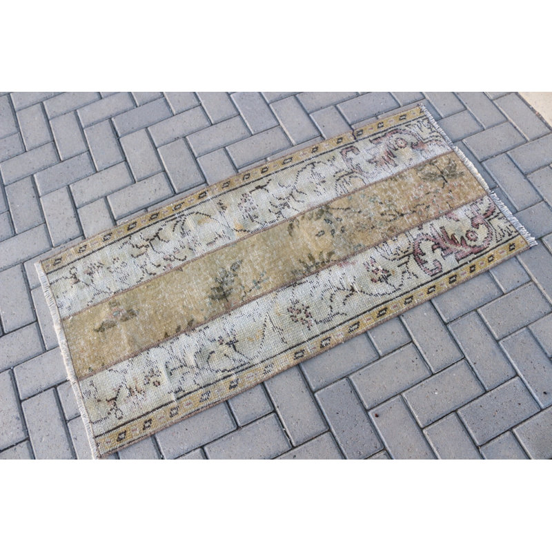 Vintage Turkish Rug in Beige and Floral Pattern Handmade Door Mat Evokes Elegance in Your Entryway with Antique Style Carpet