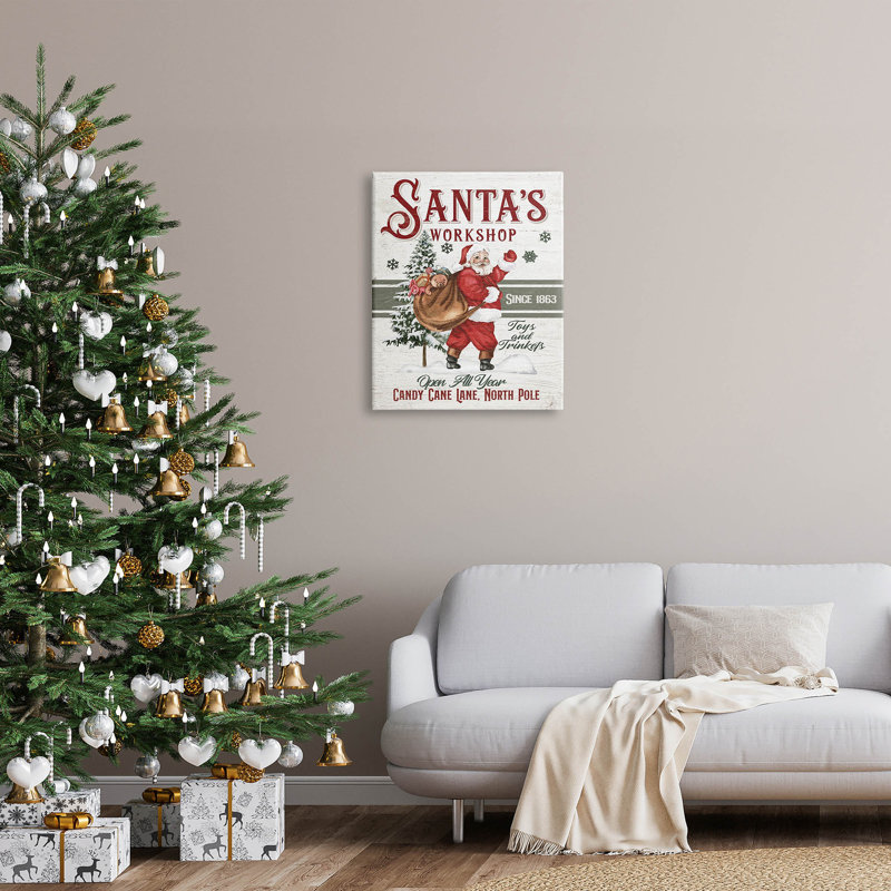 «Santa's Workshop Weathered Vintage Sign», art mural par Jo Moulton, H 30 po x l 24 po x P 1,5 po
